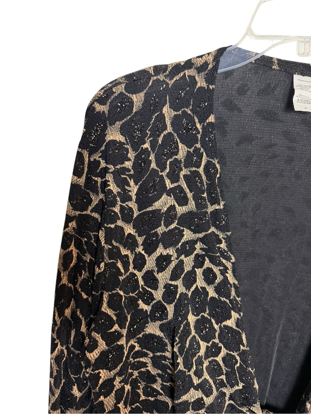 Leopard Print Shimmer Tie-Front Cardigan Top Black Tan Glam - Picture 3 of 6